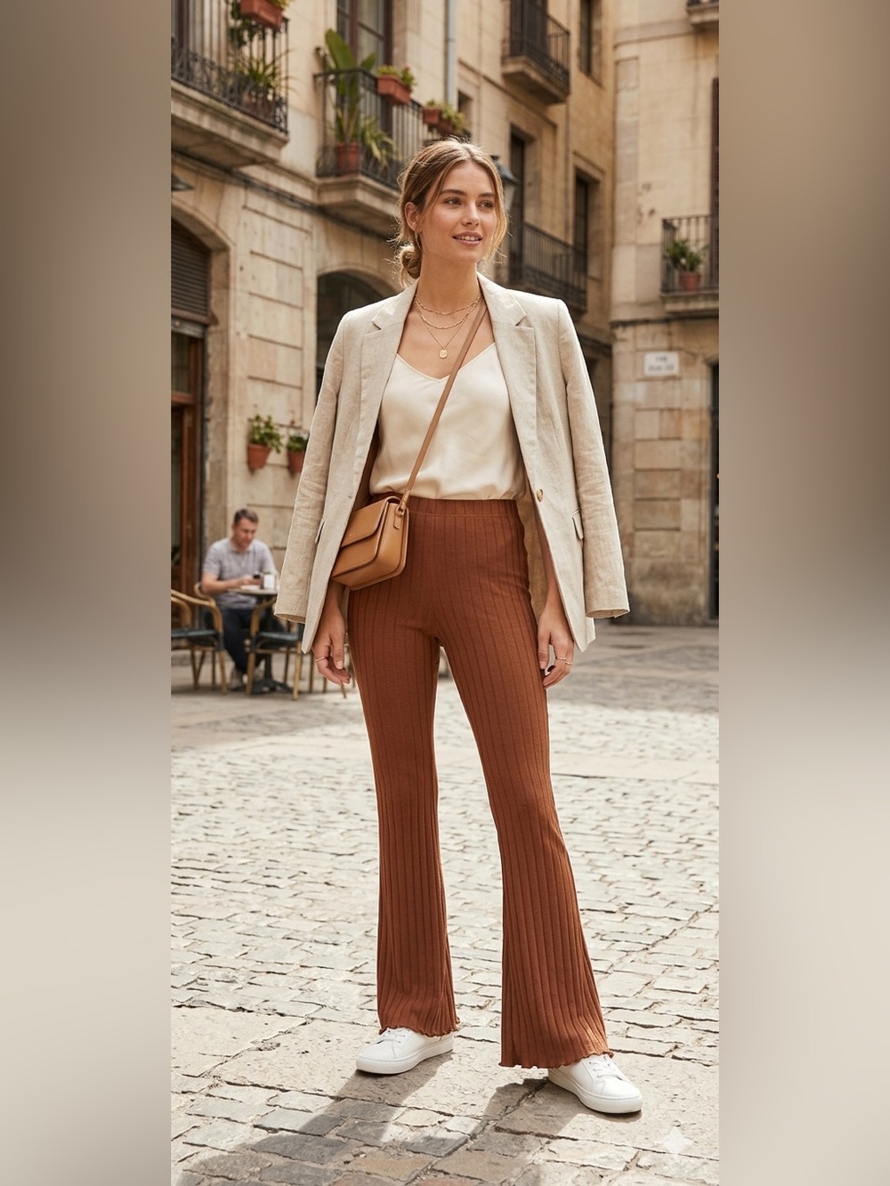 Topshop Rust Ribbed Flare Trousers